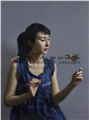 长沙肖像题材油画-现代油画蜂鸟与蓝衣少女装饰画 图片